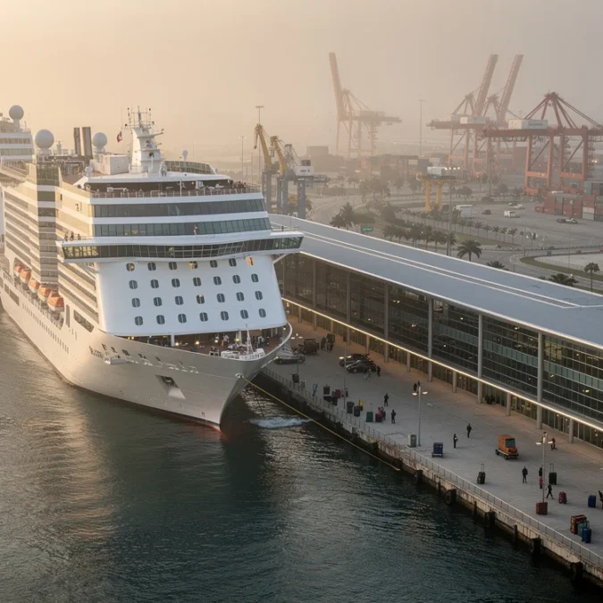 Editorial photograph of PortMiami from an elevated waterfront viewpoint, a slim, elongated contemporary cruise terminal running.