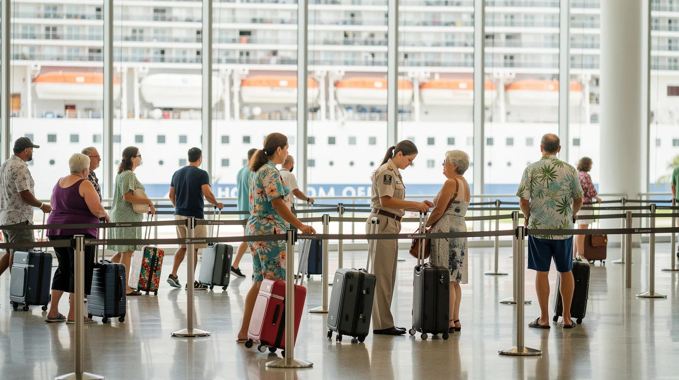 Documentary editorial photograph inside a contemporary cruise terminal at PortMiami, showing travellers pulling suitcases through parallel.