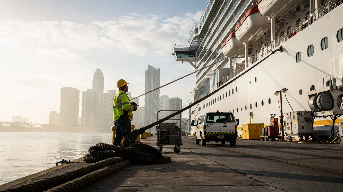 Editorial photograph along a working quay at PortMiami, where a dockworker in safety equipment stands near.