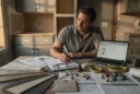 Editorial photograph of a homeowner documenting renovation sources at a kitchen table inside a partly finished.