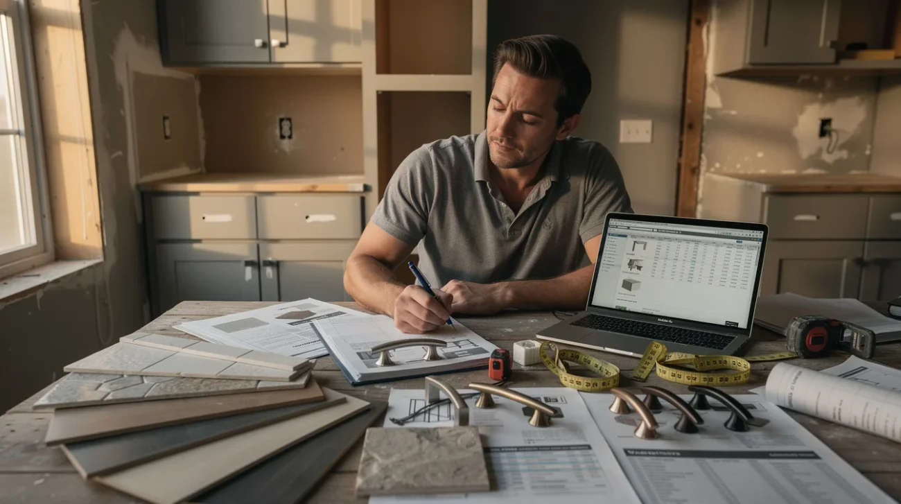 Editorial photograph of a homeowner documenting renovation sources at a kitchen table inside a partly finished.