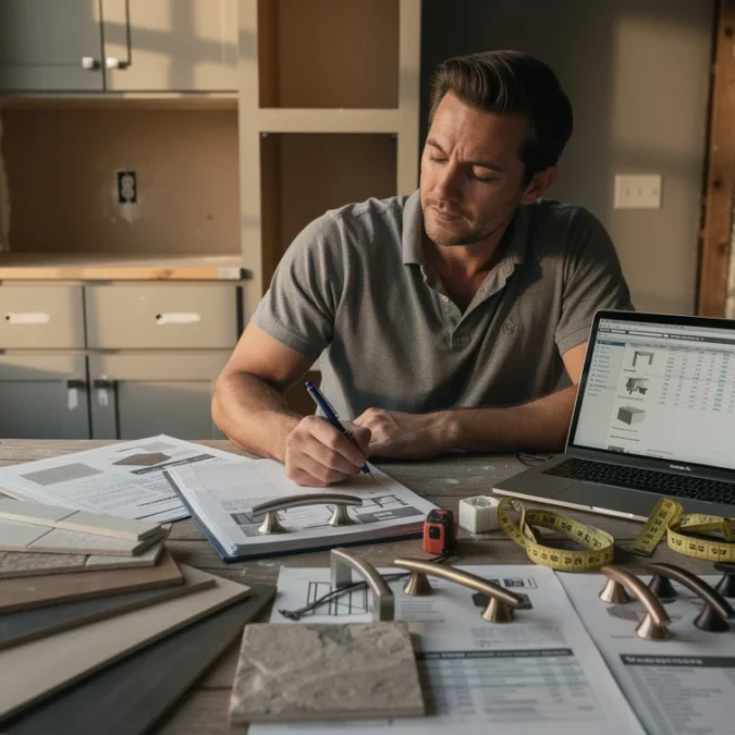 Editorial photograph of a homeowner documenting renovation sources at a kitchen table inside a partly finished.