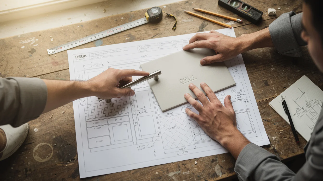 Editorial photograph of two people comparing a cabinet handle and ceramic floor tile against a measured.