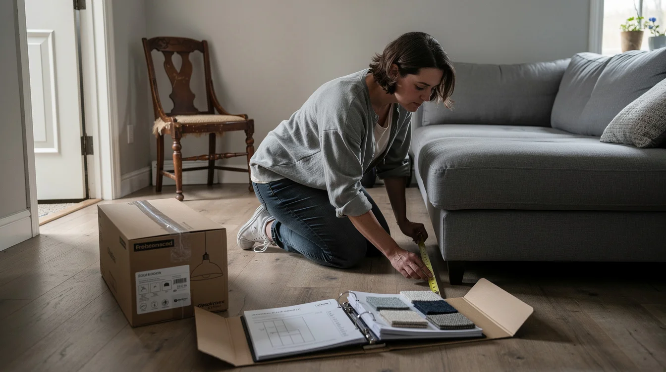 Wide editorial photograph inside a modest living room where a newly delivered deep sofa leaves.