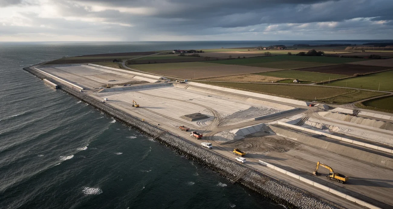 Oblique aerial editorial photograph of coastal reclamation beside a marine construction zone on southern Lolland, Denmark.