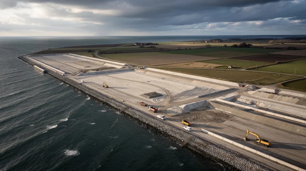 Oblique aerial editorial photograph of coastal reclamation beside a marine construction zone on southern Lolland, Denmark.
