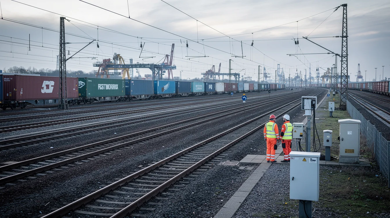 Editorial photograph from a permitted observation point beside a railway freight yard in northern Germany.