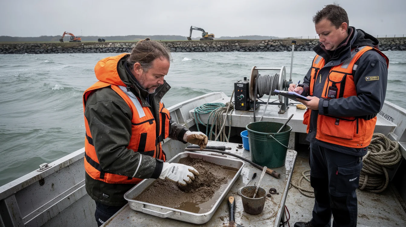 Editorial documentary photograph aboard a small marine survey boat off southern Lolland, Denmark. A researcher wearing.