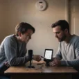 Editorial photograph illustrating AI sound-alert testing for deaf and hard-of-hearing users: an adult participant and.