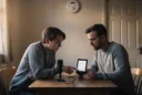 Editorial photograph illustrating AI sound-alert testing for deaf and hard-of-hearing users: an adult participant and.