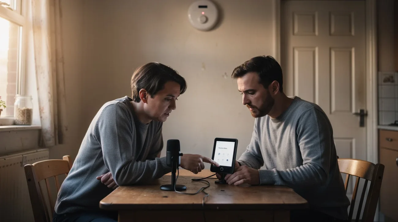 Editorial photograph illustrating AI sound-alert testing for deaf and hard-of-hearing users: an adult participant and.