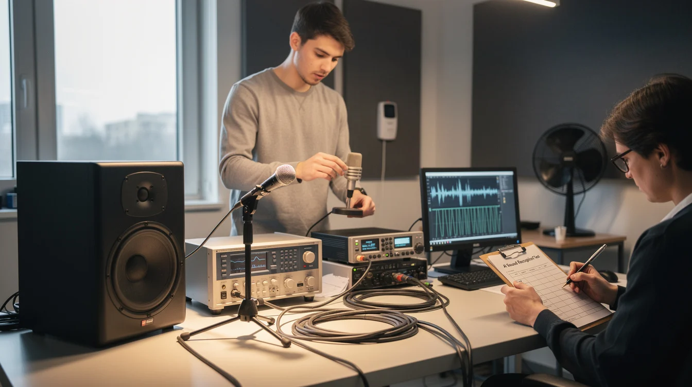 Editorial photograph inside a university sound-testing workshop: a designer positions a small microphone prototype beside.