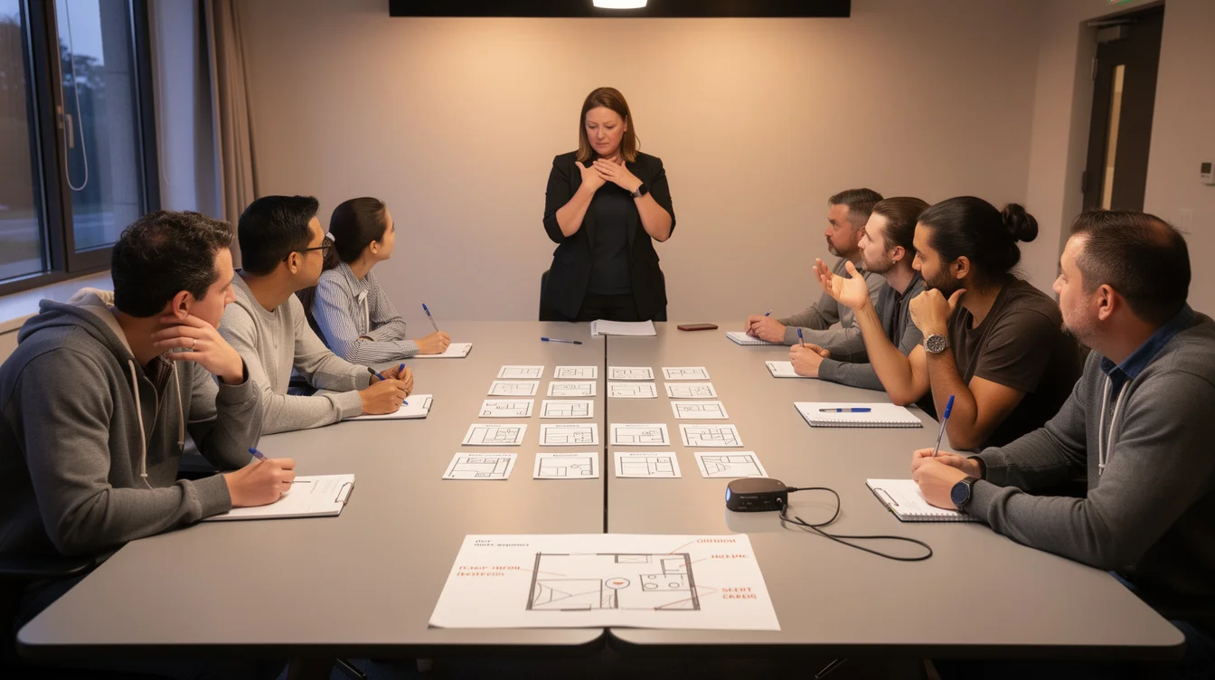 Wide editorial photograph of a paid accessibility co-design session in a community meeting room, with deaf.