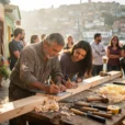 Editorial photograph of an illustrative traditional construction workshop in Valparaíso, Chile: an experienced carpenter guides two.