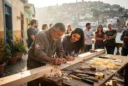 Editorial photograph of an illustrative traditional construction workshop in Valparaíso, Chile: an experienced carpenter guides two.