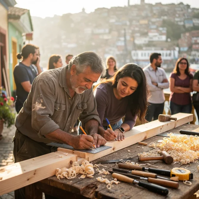 Editorial photograph of an illustrative traditional construction workshop in Valparaíso, Chile: an experienced carpenter guides two.