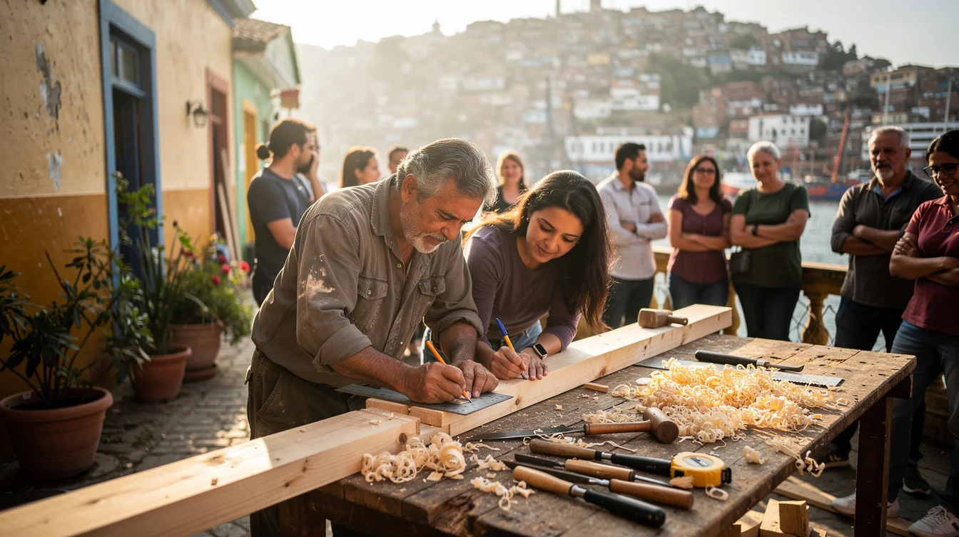 Editorial photograph of an illustrative traditional construction workshop in Valparaíso, Chile: an experienced carpenter guides two.
