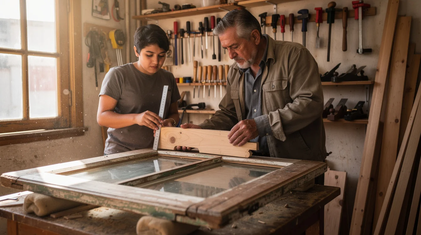 Editorial photograph inside a small timber restoration workshop in Valparaíso, Chile. An experienced craftsperson checks.