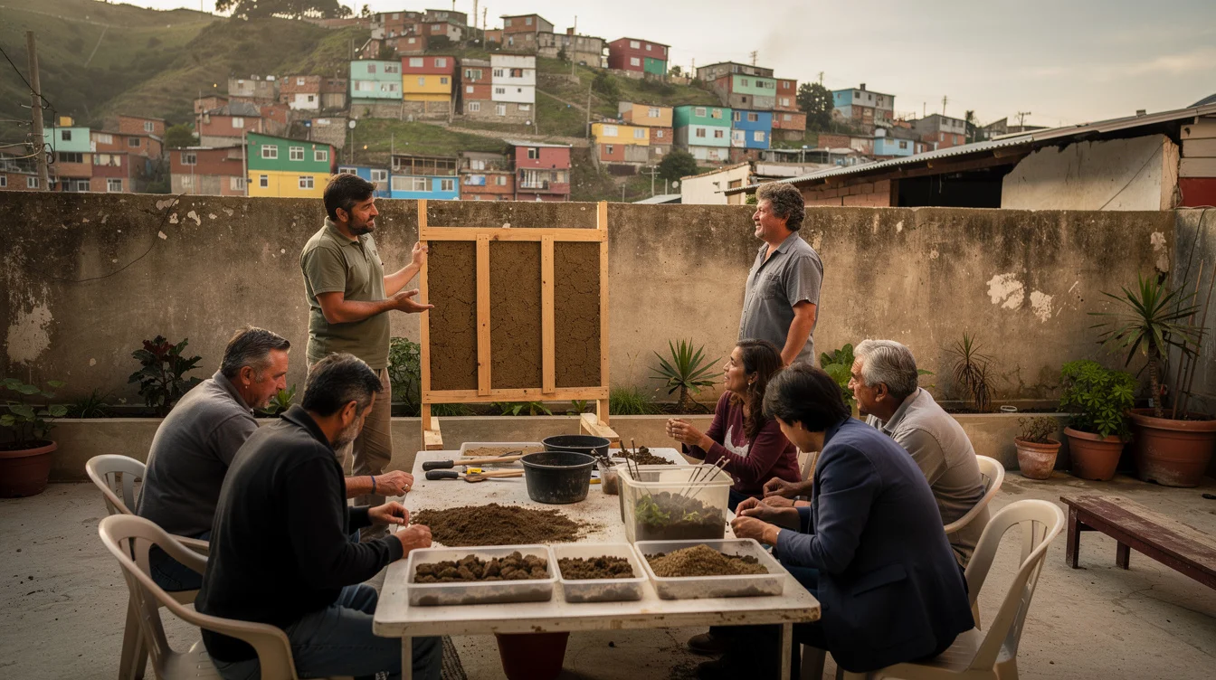 Wide editorial photograph of an illustrative public earth-building lesson in a Valparaíso courtyard, Chile. An instructor.