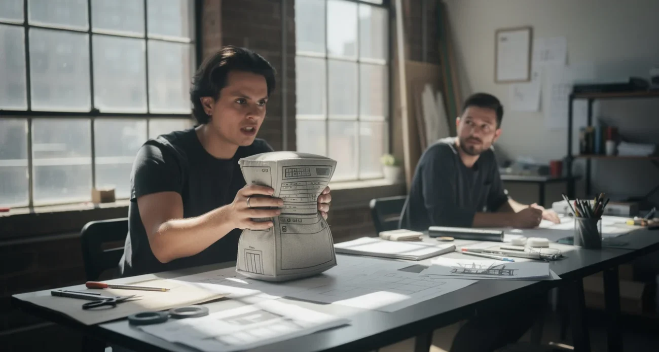 Staged editorial photograph in a New York creative studio: a person squeezes a small, data-centre-shaped stuffed.