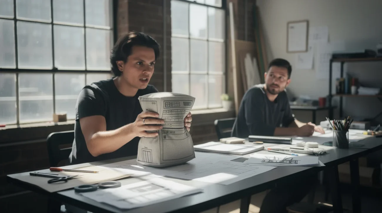 Staged editorial photograph in a New York creative studio: a person squeezes a small, data-centre-shaped stuffed.