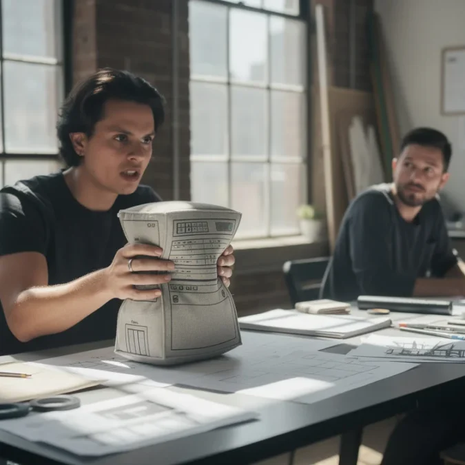 Staged editorial photograph in a New York creative studio: a person squeezes a small, data-centre-shaped stuffed.