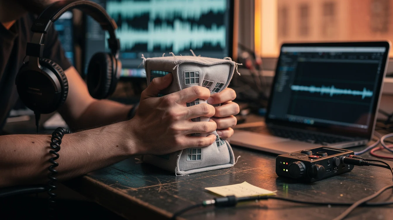 Close editorial photograph of hands compressing a soft architectural toy on a cluttered sound-editing desk.