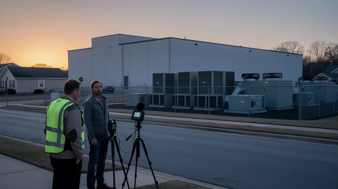 Illustrative editorial scene on a public roadside in Northern Virginia at dusk: an acoustic consultant operates.