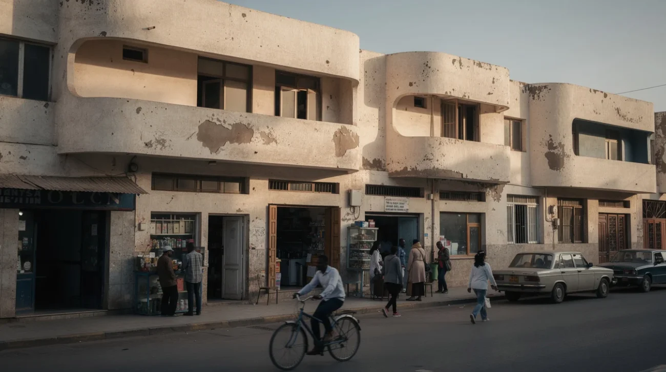 Editorial photograph of a lived-in modernist streetscape in Asmara, Eritrea, on its high plateau above 2,300.