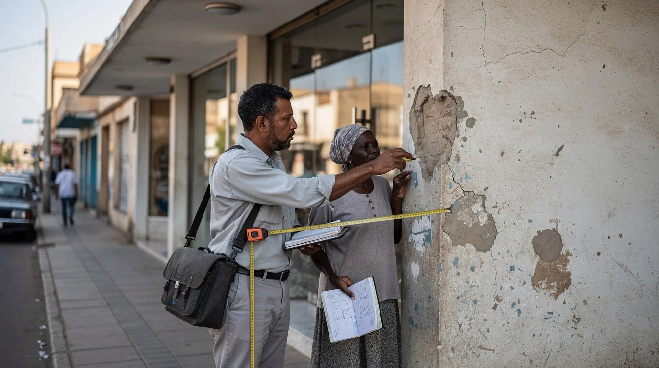 Editorial photograph in Asmara, Eritrea, showing an architectural surveyor and a local building occupant examining.
