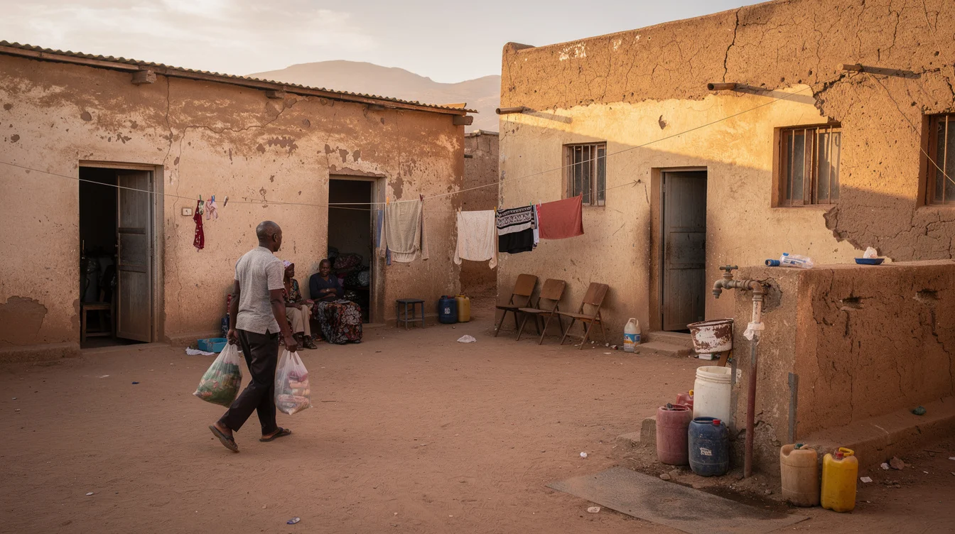 Editorial photograph of an everyday courtyard in Asmara, Eritrea, enclosed by modest rendered masonry buildings.