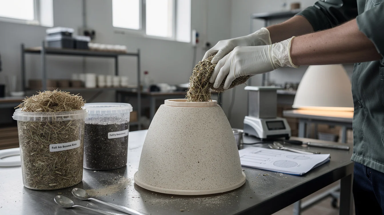 Editorial photograph inside a small biomaterials workshop, showing gloved hands packing prepared hemp hurd and mycelium.