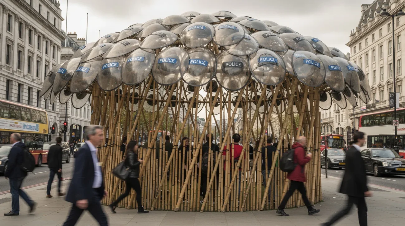 Editorial photographic interpretation of a temporary bamboo pavilion topped with police shields on the Strand, central.