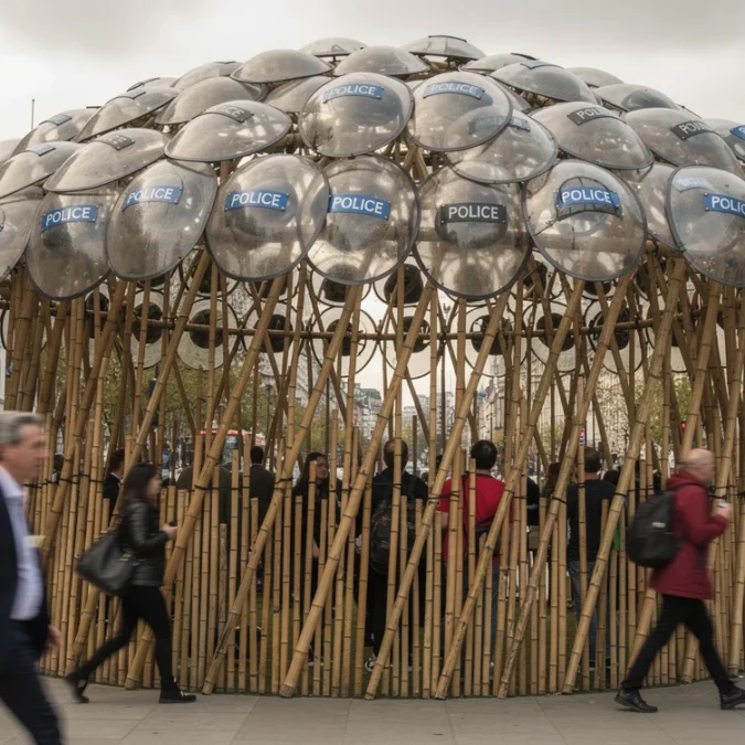 Editorial photographic interpretation of a temporary bamboo pavilion topped with police shields on the Strand, central.