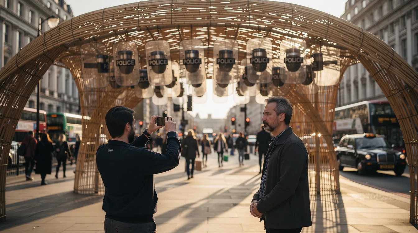Street-level editorial photographic interpretation on the Strand during London Design Festival, showing a visitor photographing.