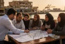 Editorial photograph conceived as an illustrative scene in Benghazi, Libya: local residents and a planner gather.
