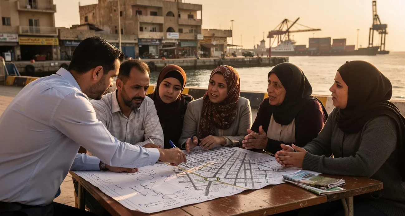 Editorial photograph conceived as an illustrative scene in Benghazi, Libya: local residents and a planner gather.