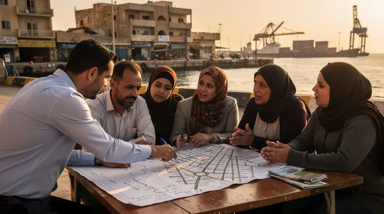 Editorial photograph conceived as an illustrative scene in Benghazi, Libya: local residents and a planner gather.