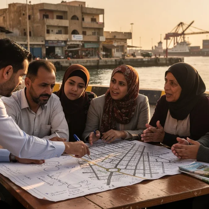 Editorial photograph conceived as an illustrative scene in Benghazi, Libya: local residents and a planner gather.