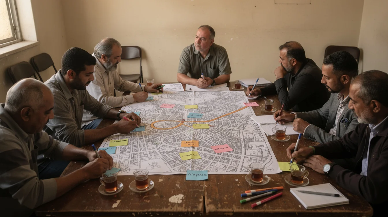 Illustrative editorial photograph of a neighborhood mapping workshop in a modest community room in Benghazi, Libya..