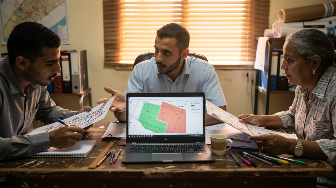 Illustrative editorial photograph inside a modest planning workspace in Benghazi, Libya: a local planner and two.