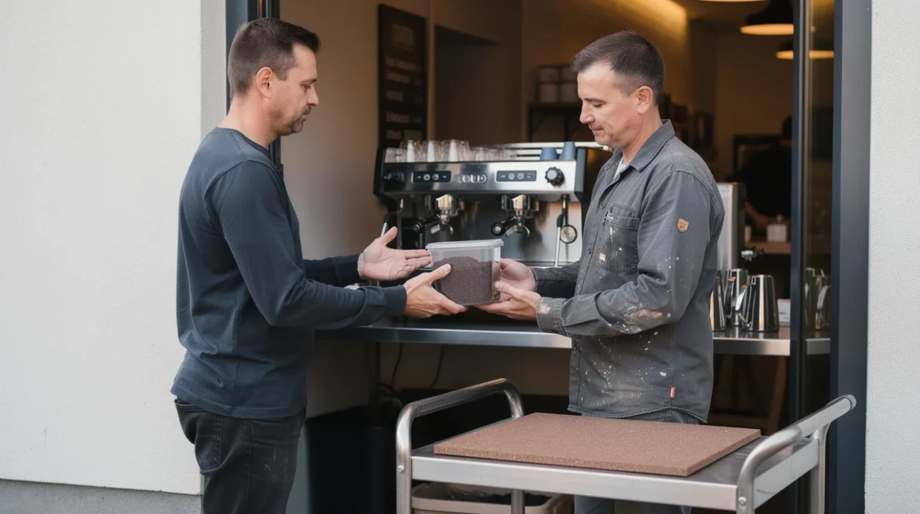 Editorial photograph of a staged café materials collection in Riga, Latvia: a barista hands a closed.