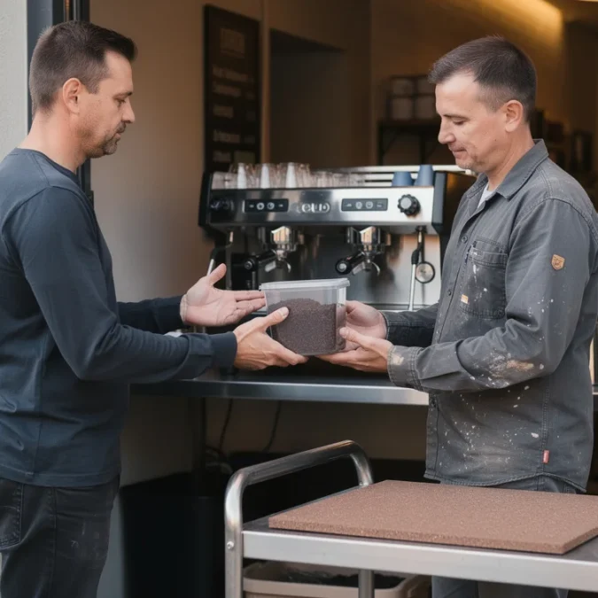 Editorial photograph of a staged café materials collection in Riga, Latvia: a barista hands a closed.