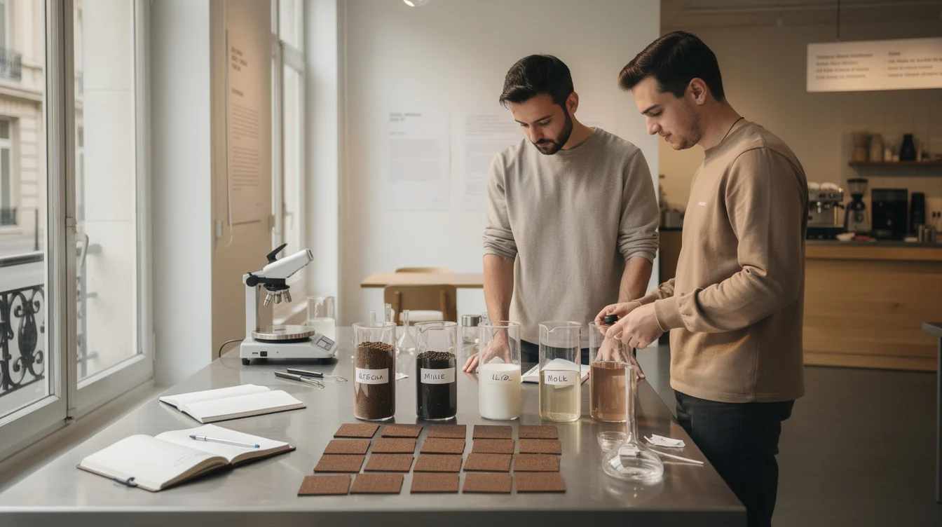 Editorial photograph of a staged café-biolaboratory demonstration in a Paris design exhibition space, referencing experiments.