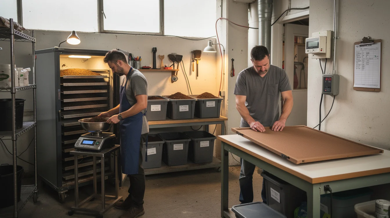 Editorial photograph inside a modest shared materials workshop serving neighbourhood cafés. A technician weighs damp coffee.