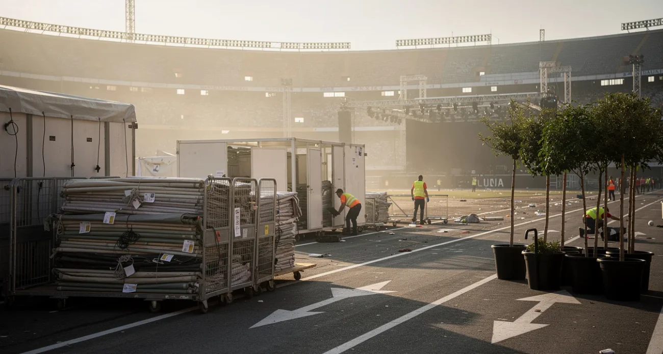 Editorial photographic concept at an outdoor concert ground in Madrid the morning after a stadium-scale show.
