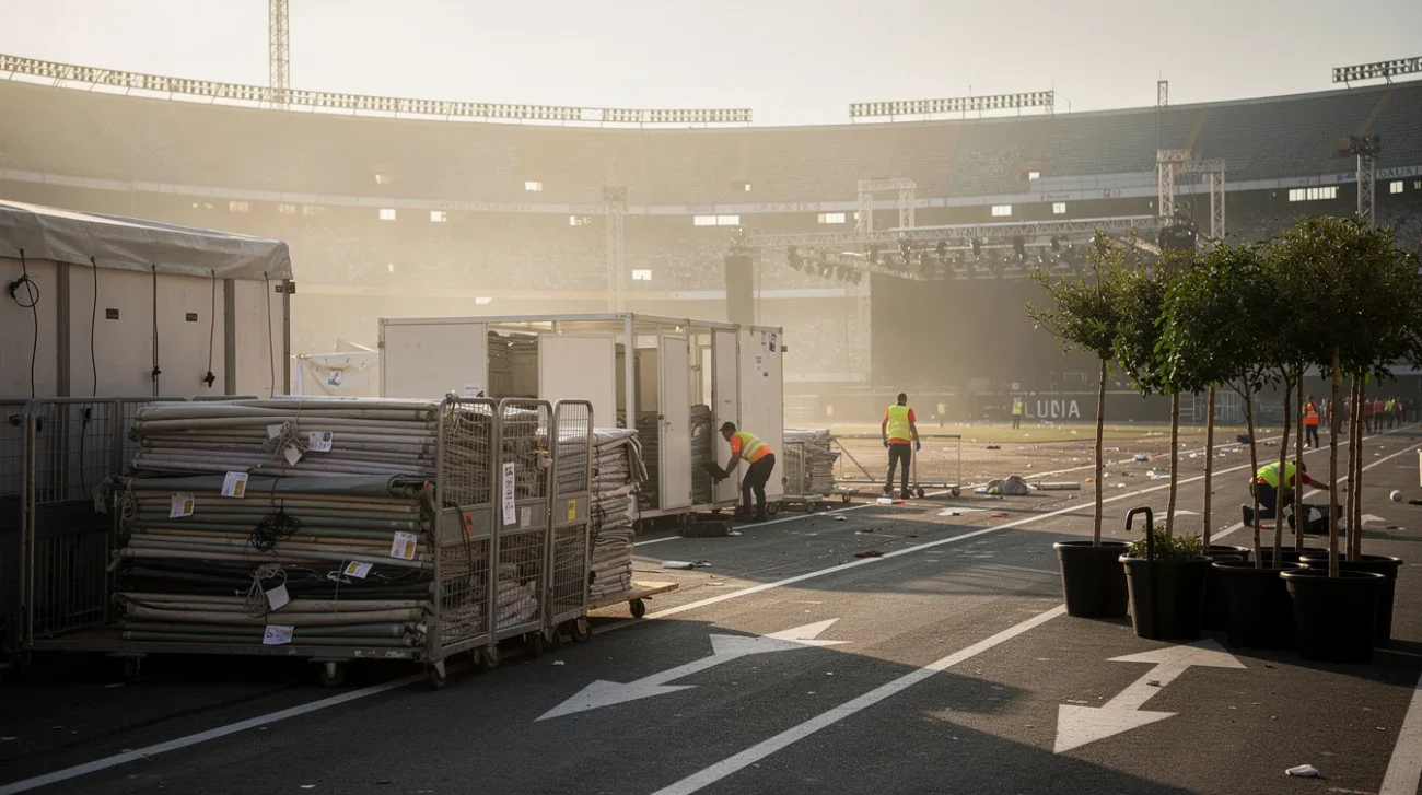 Editorial photographic concept at an outdoor concert ground in Madrid the morning after a stadium-scale show.