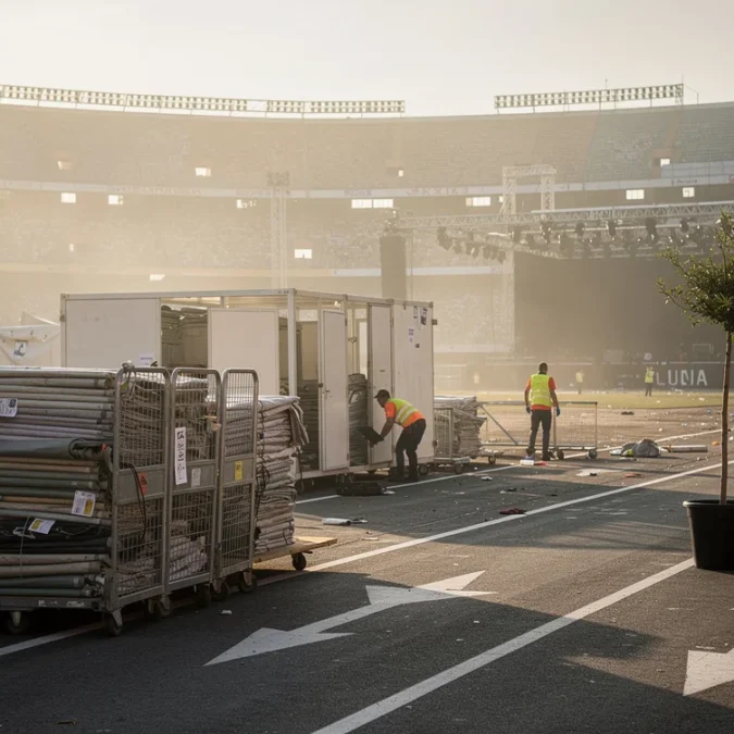Editorial photographic concept at an outdoor concert ground in Madrid the morning after a stadium-scale show.