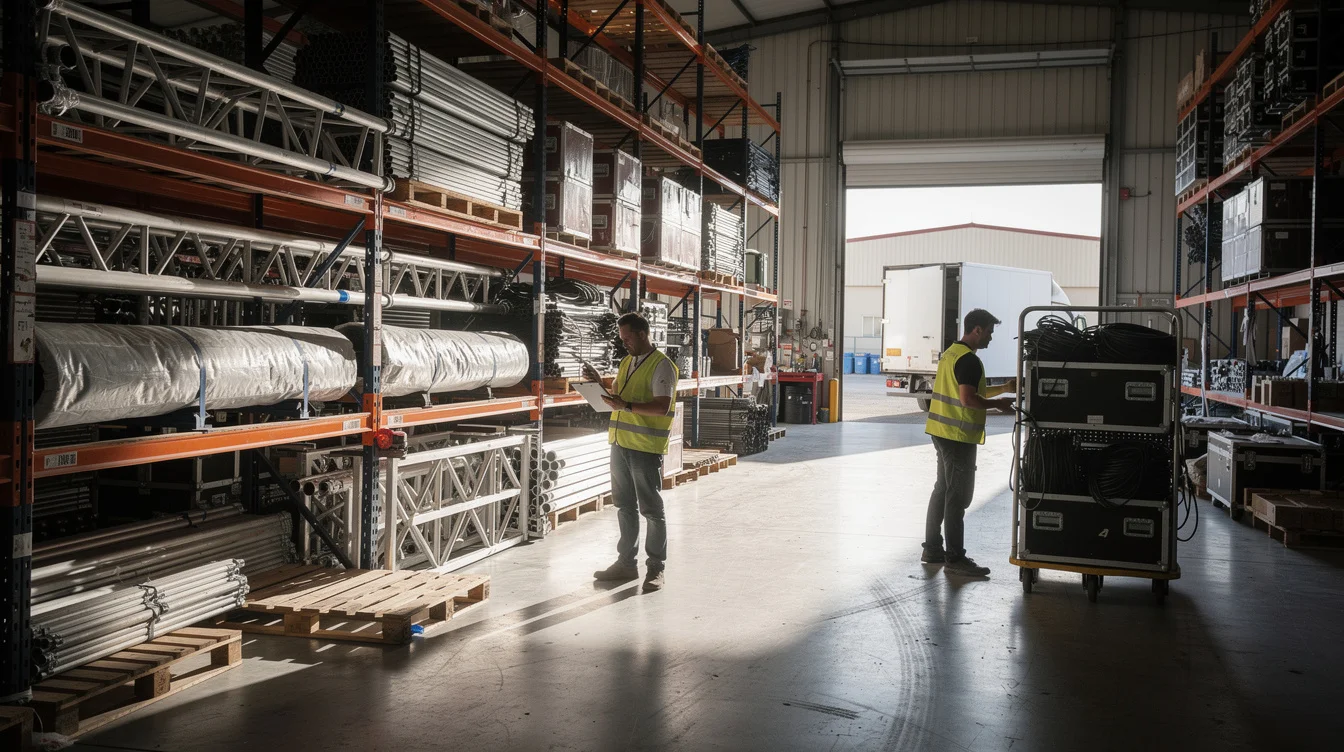 Wide editorial photograph inside an event-equipment warehouse on Madrid’s industrial outskirts: standard structural members stacked.