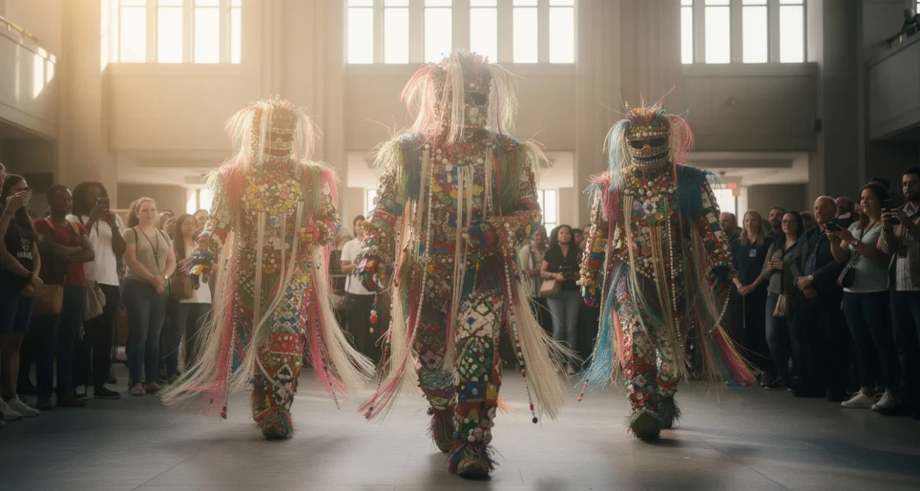 Editorial concept photograph exploring the concealment and collective movement of Nick Cave’s Soundsuits: three performers.